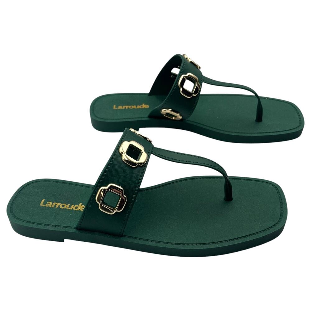 Larroude Green Thong Sandals with Gold Accents